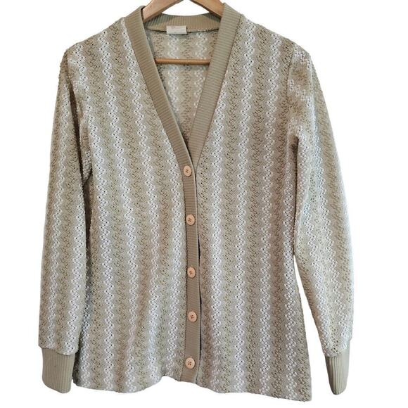 Vintage 70s Cardigan Womens Small Tan Embroidered Mod Preppy Button V-Neck - Picture 1 of 10